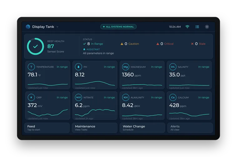 Mockup of the View 7 home screen: Sensei Score 87, eight readings in range with small trend lines, and Feed, Maintenance, Water Change and Alerts buttons.