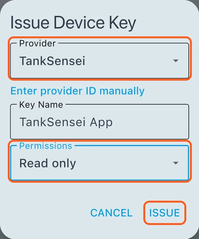 The Issue Device Key dialog: Provider TankSensei, Key Name TankSensei App, Permissions Read only, and the Issue button, each outlined.