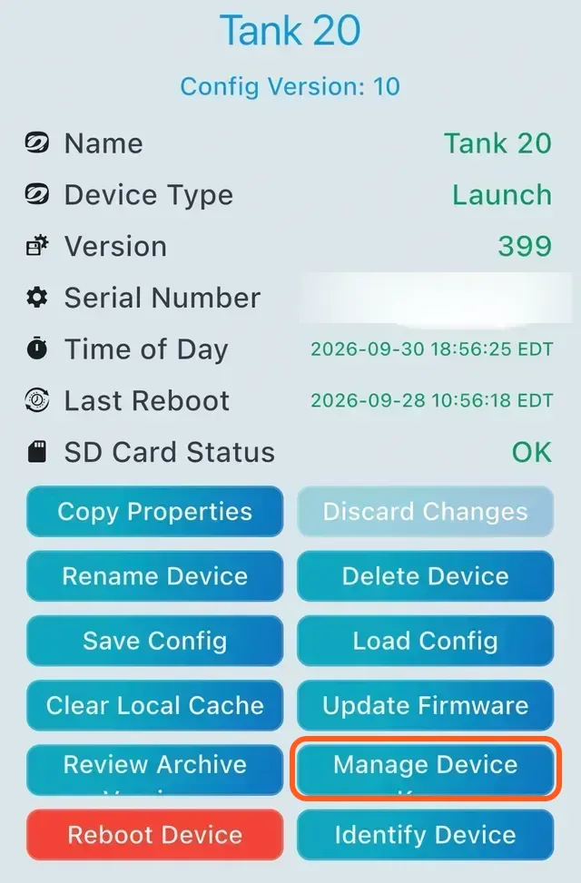 The Device Properties screen for a controller, with the Manage Device Keys button outlined.