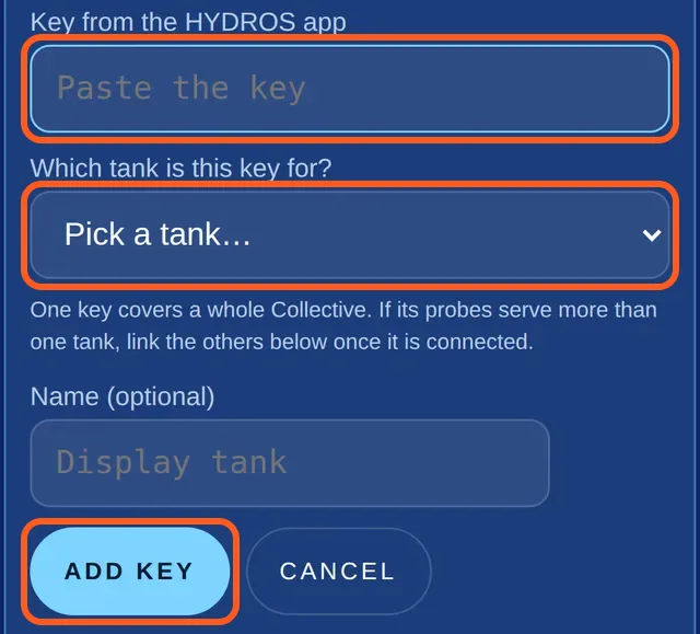 TankSensei's Connect HYDROS form: a field for the key, the Which tank is this key for? picker and the Add key button, each outlined.